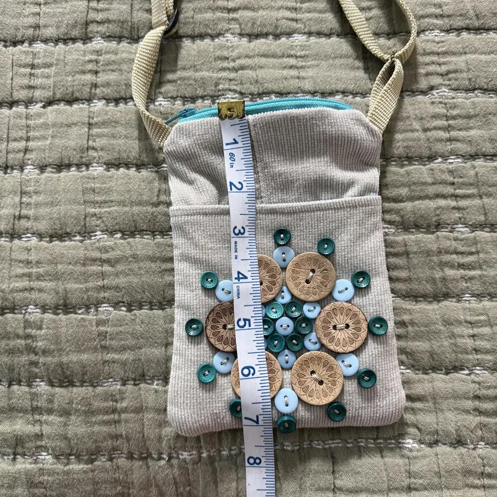CUTE as a BUTTON handmade Boho crossbody embellished tan Bag. Cottage Core